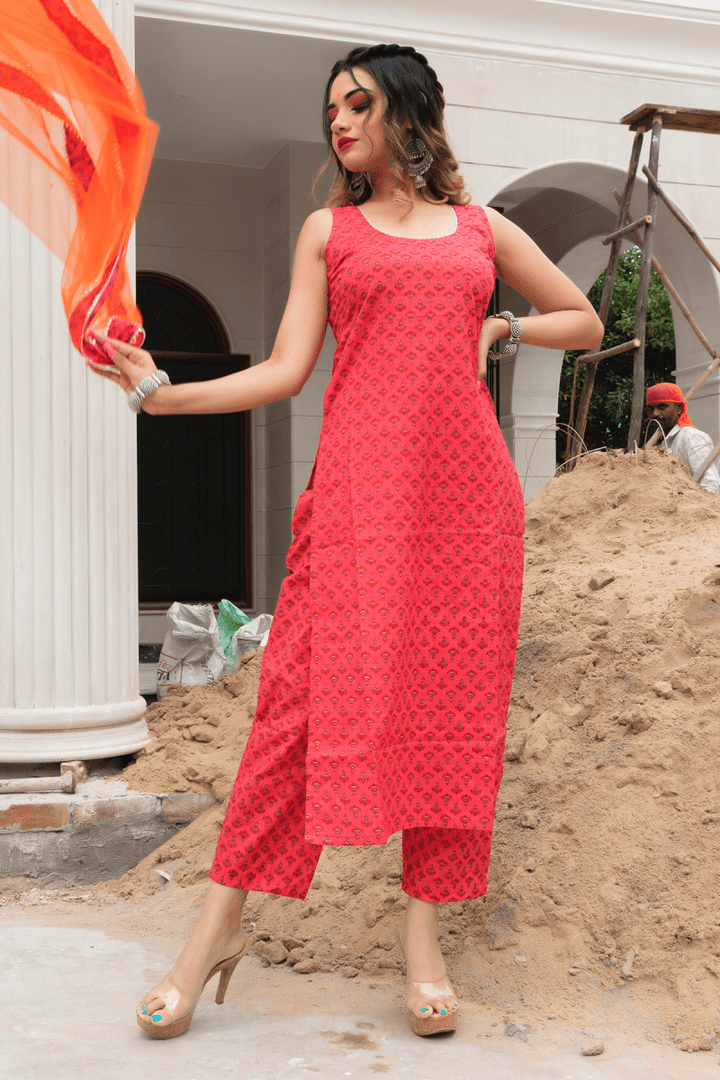 ROSEBERRY ORANGE BLOCK PRINT COTTON SUIT WITH SOFT NET DUPATTA SET - Pomcha Jaipur