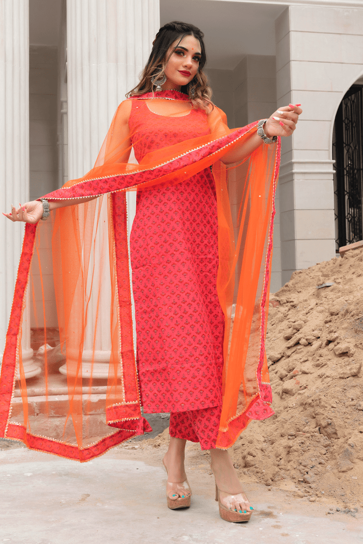 ROSEBERRY ORANGE BLOCK PRINT COTTON SUIT WITH SOFT NET DUPATTA SET - Pomcha Jaipur