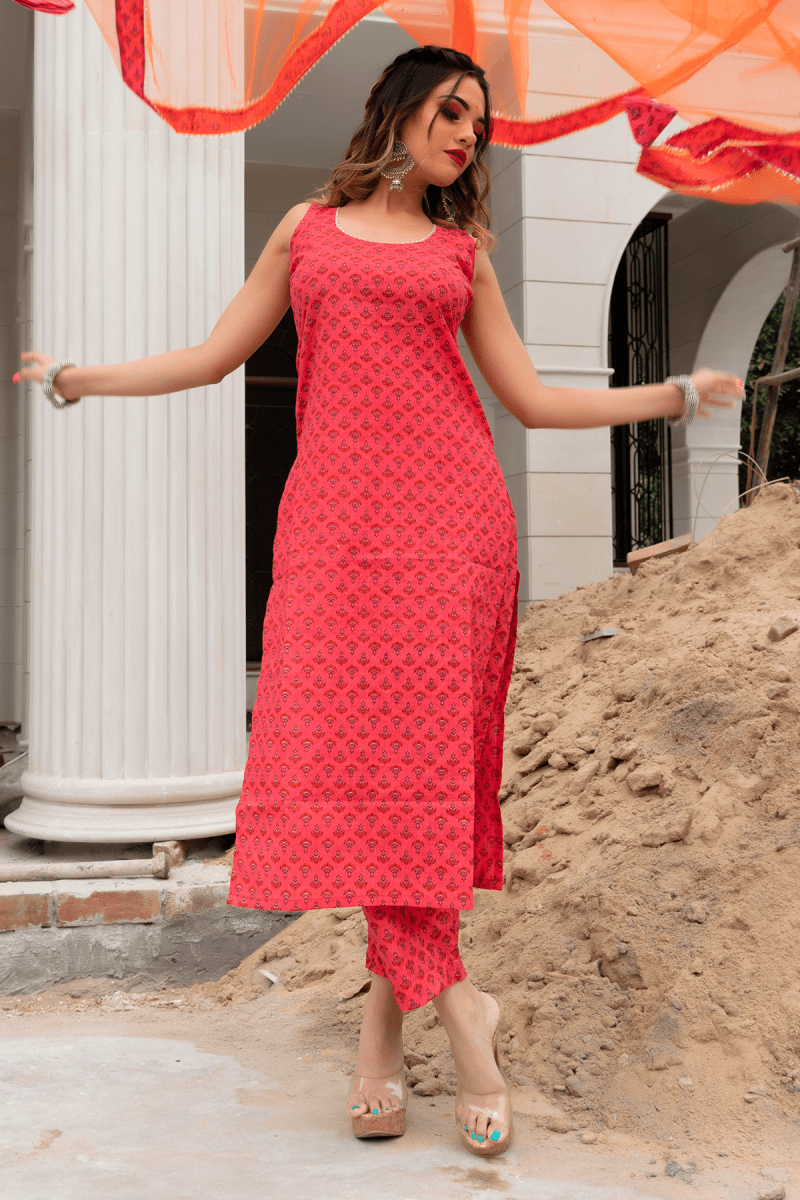 ROSEBERRY ORANGE BLOCK PRINT COTTON SUIT WITH SOFT NET DUPATTA SET - Pomcha Jaipur