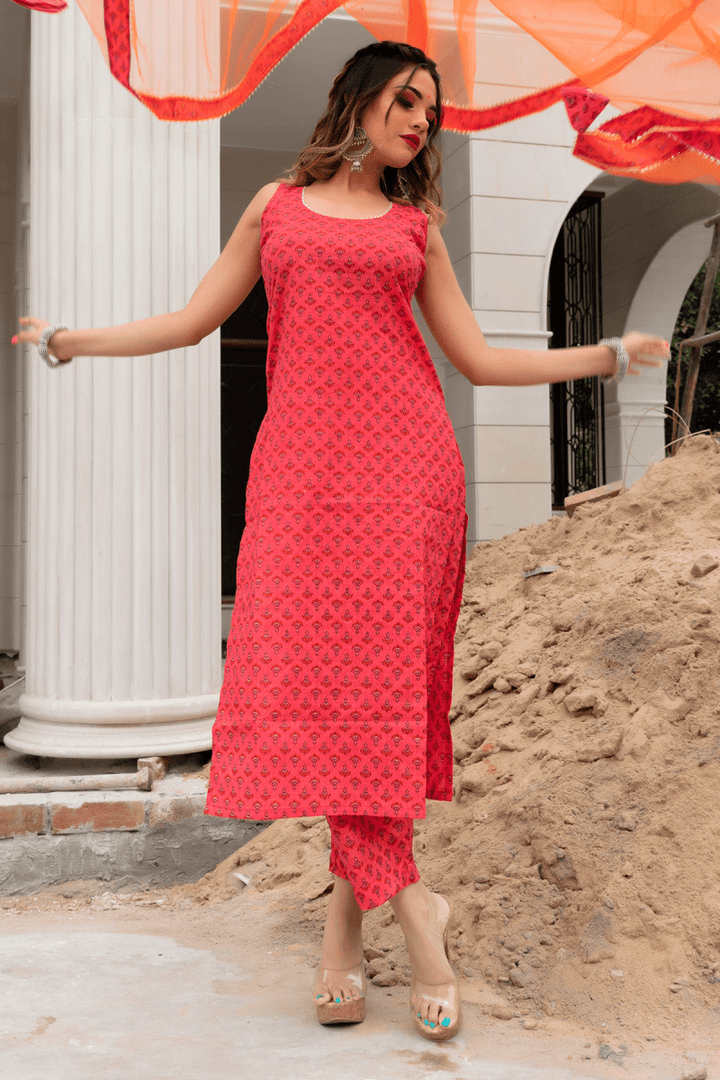ROSEBERRY ORANGE BLOCK PRINT COTTON SUIT WITH SOFT NET DUPATTA SET - Pomcha Jaipur
