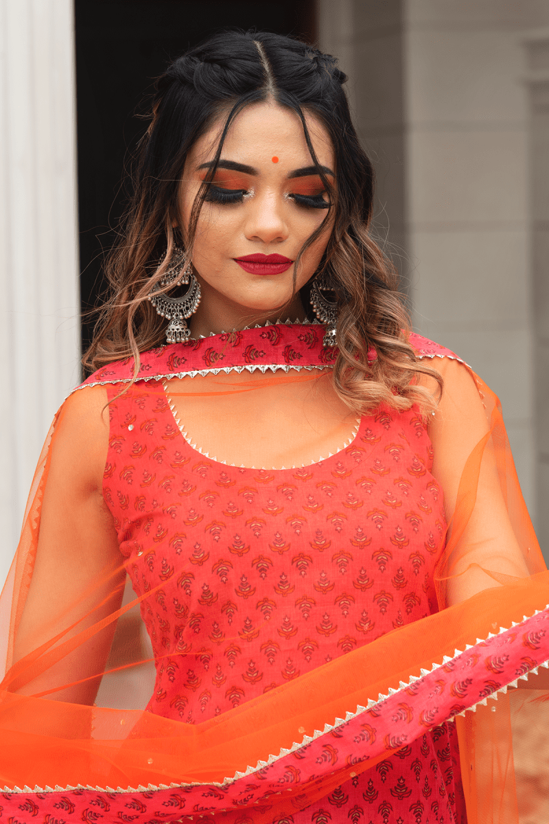 ROSEBERRY ORANGE BLOCK PRINT COTTON SUIT WITH SOFT NET DUPATTA SET - Pomcha Jaipur