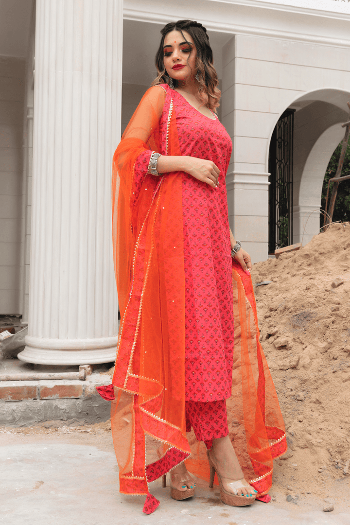 ROSEBERRY ORANGE BLOCK PRINT COTTON SUIT WITH SOFT NET DUPATTA SET - Pomcha Jaipur