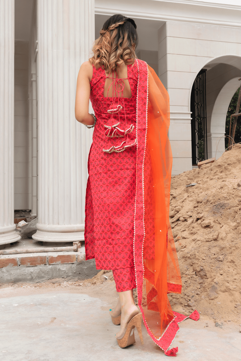 ROSEBERRY ORANGE BLOCK PRINT COTTON SUIT WITH SOFT NET DUPATTA SET - Pomcha Jaipur
