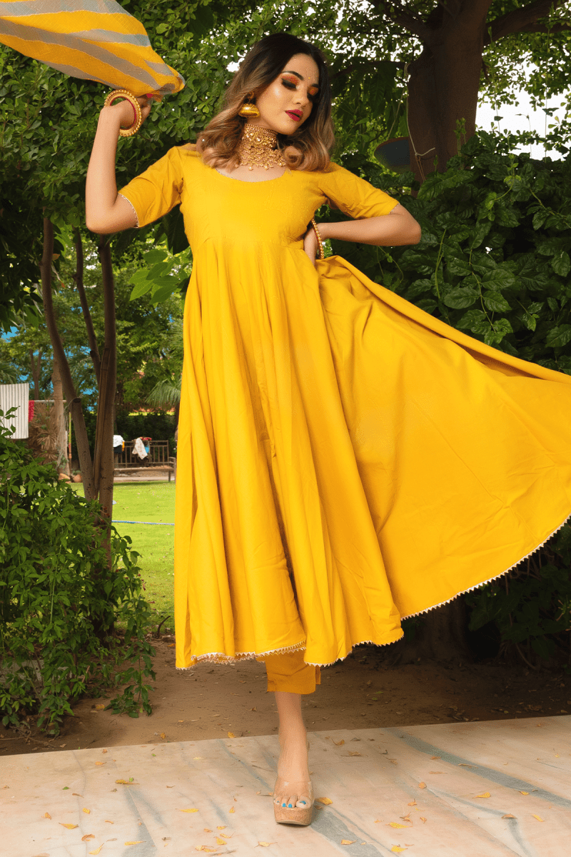 ROSEMARRY YELLOW COTTON ANARKALI SET WITH COTTON LAHARIYA DUPATTA - Pomcha Jaipur