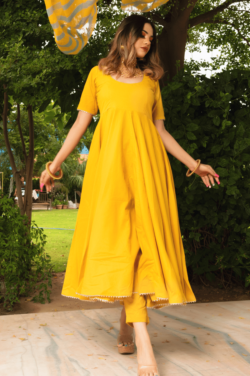 ROSEMARRY YELLOW COTTON ANARKALI SET WITH COTTON LAHARIYA DUPATTA - Pomcha Jaipur
