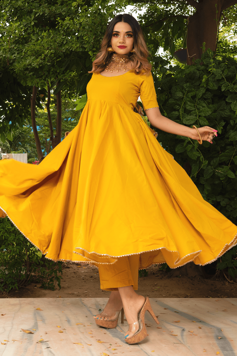 ROSEMARRY YELLOW COTTON ANARKALI SET WITH COTTON LAHARIYA DUPATTA - Pomcha Jaipur