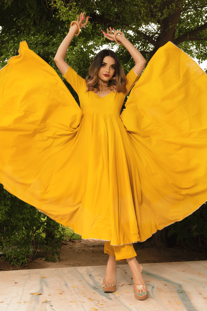 ROSEMARRY YELLOW COTTON ANARKALI SET WITH COTTON LAHARIYA DUPATTA - Pomcha Jaipur