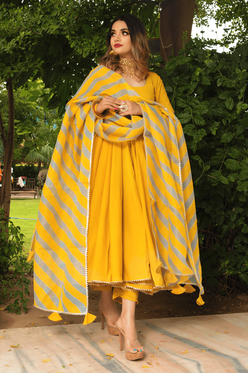 ROSEMARRY YELLOW COTTON ANARKALI SET WITH COTTON LAHARIYA DUPATTA - Pomcha Jaipur