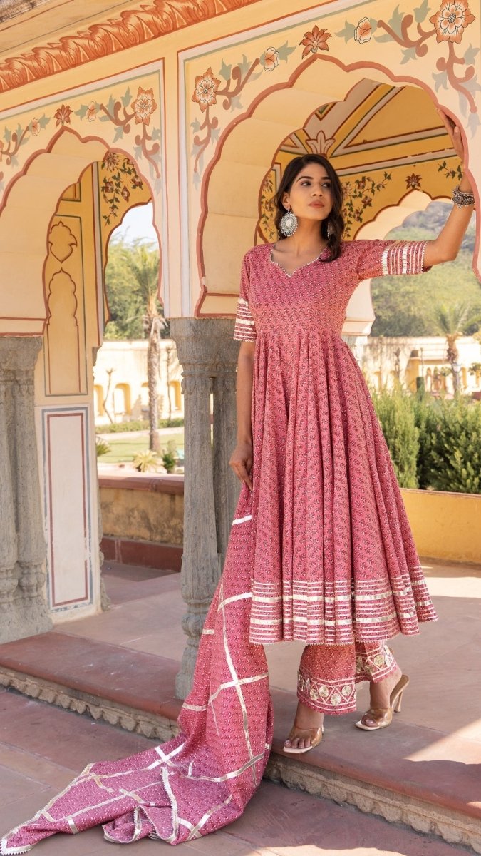 ROSEWOOD BOOTI GOTTA JAAL COTTON ANARKALI SET WITH JAAL WORK DUPATTA - Pomcha Jaipur