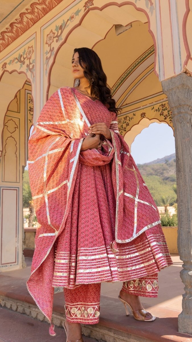 ROSEWOOD BOOTI GOTTA JAAL COTTON ANARKALI SET WITH JAAL WORK DUPATTA - Pomcha Jaipur