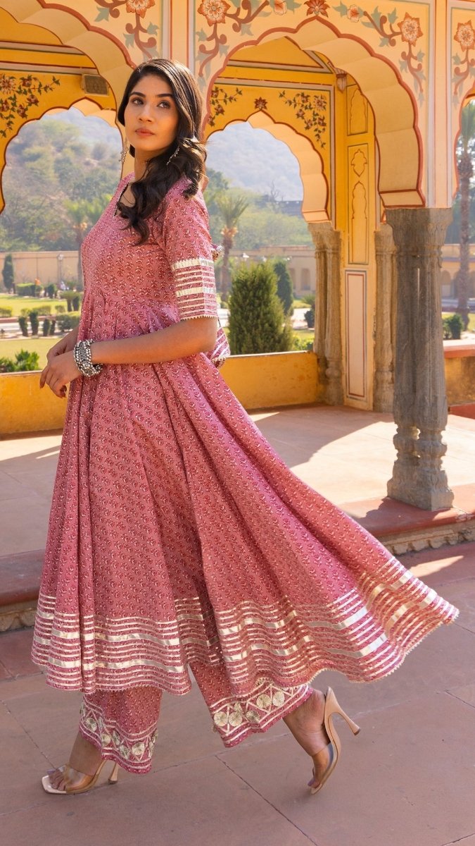 ROSEWOOD BOOTI GOTTA JAAL COTTON ANARKALI SET WITH JAAL WORK DUPATTA - Pomcha Jaipur