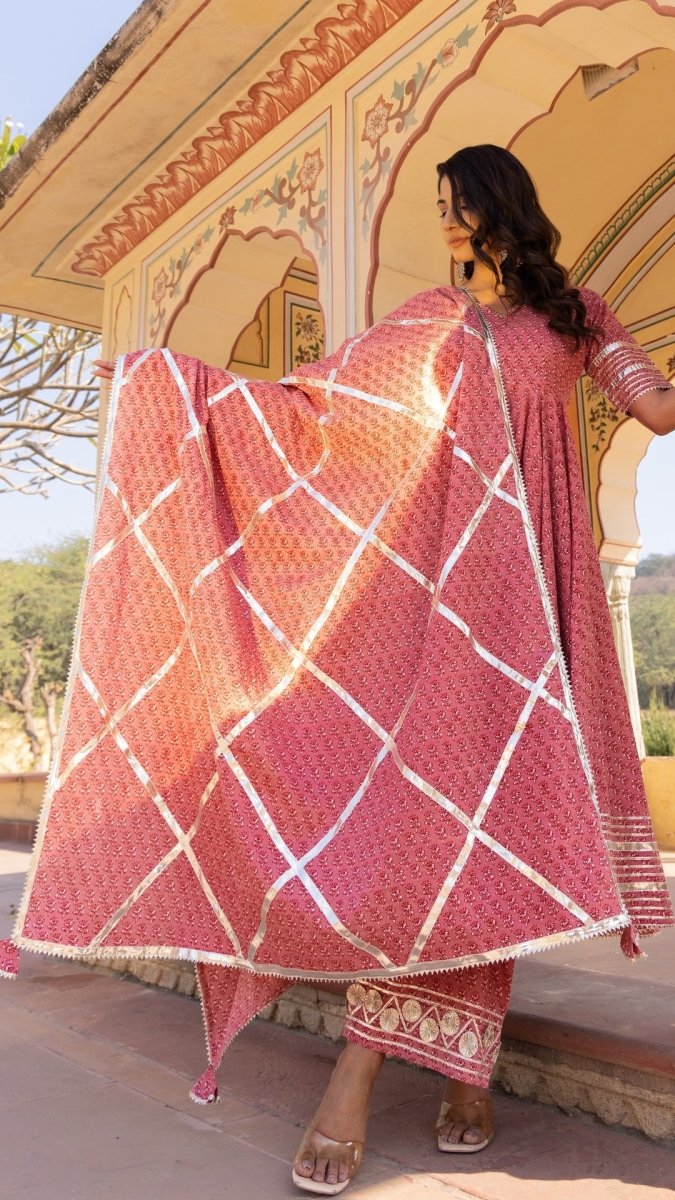 ROSEWOOD BOOTI GOTTA JAAL COTTON ANARKALI SET WITH JAAL WORK DUPATTA - Pomcha Jaipur