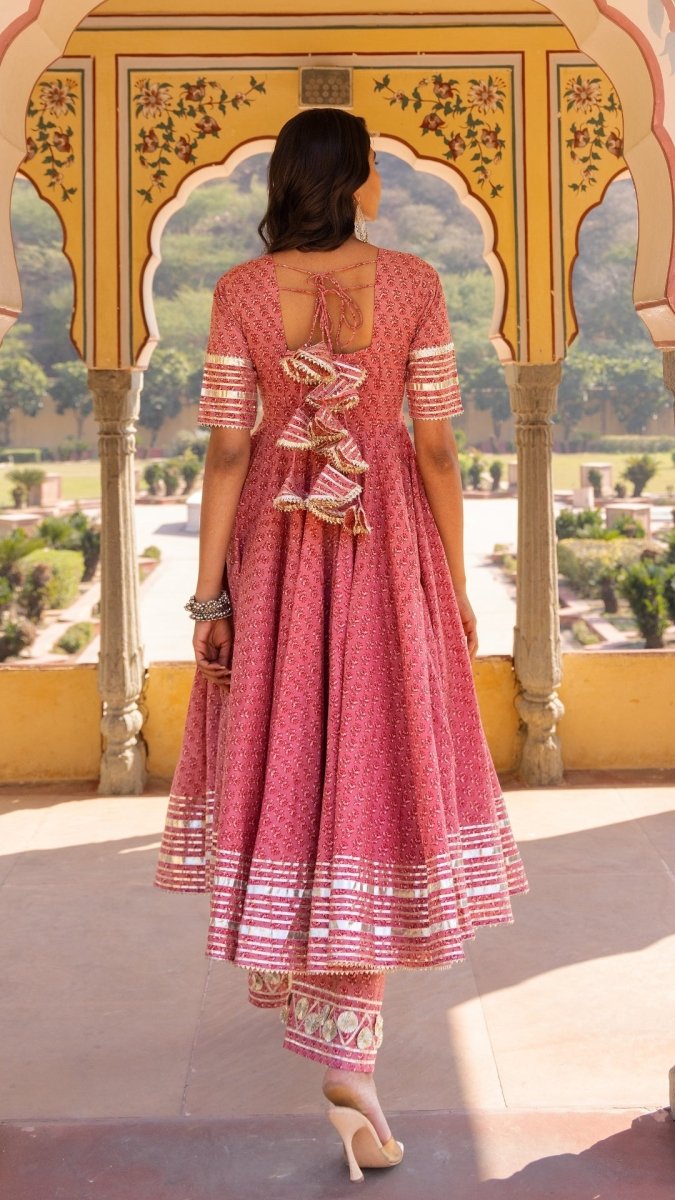 ROSEWOOD BOOTI GOTTA JAAL COTTON ANARKALI SET WITH JAAL WORK DUPATTA - Pomcha Jaipur
