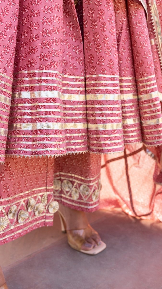 ROSEWOOD BOOTI GOTTA JAAL COTTON ANARKALI SET WITH JAAL WORK DUPATTA - Pomcha Jaipur