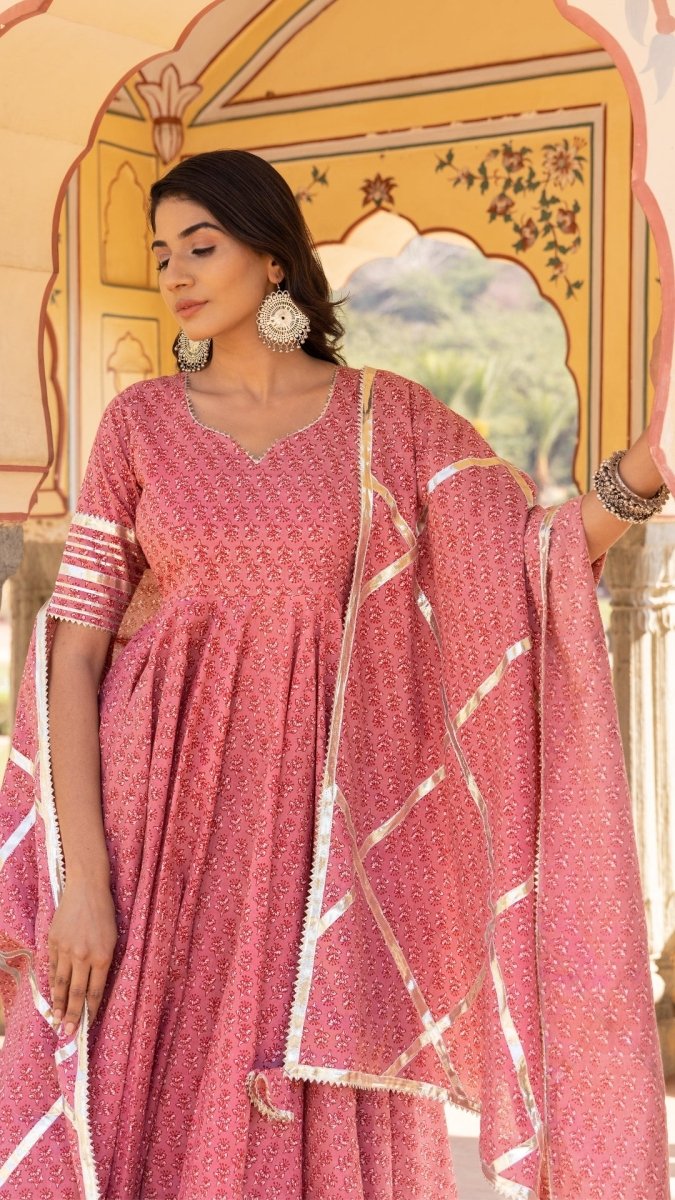 ROSEWOOD BOOTI GOTTA JAAL COTTON ANARKALI SET WITH JAAL WORK DUPATTA - Pomcha Jaipur