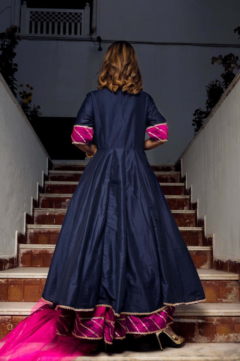 ROYAL BLUE RANI PINK COTTON SILK ANGRAKHA WITH SOFT NET DUPATTA - Pomcha Jaipur