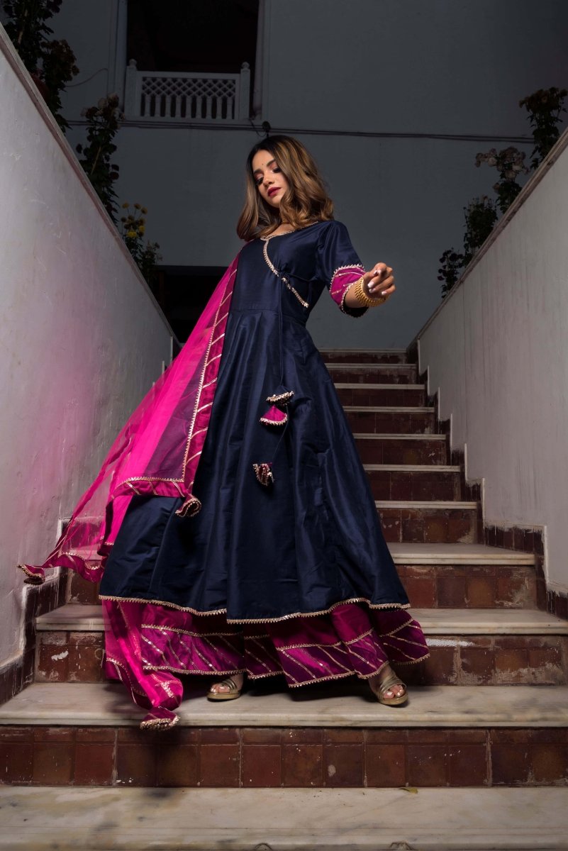 ROYAL BLUE RANI PINK COTTON SILK ANGRAKHA WITH SOFT NET DUPATTA - Pomcha Jaipur