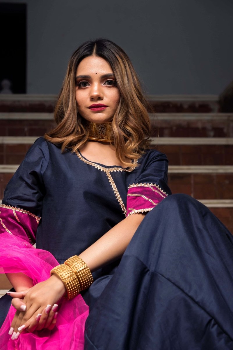 ROYAL BLUE RANI PINK COTTON SILK ANGRAKHA WITH SOFT NET DUPATTA - Pomcha Jaipur