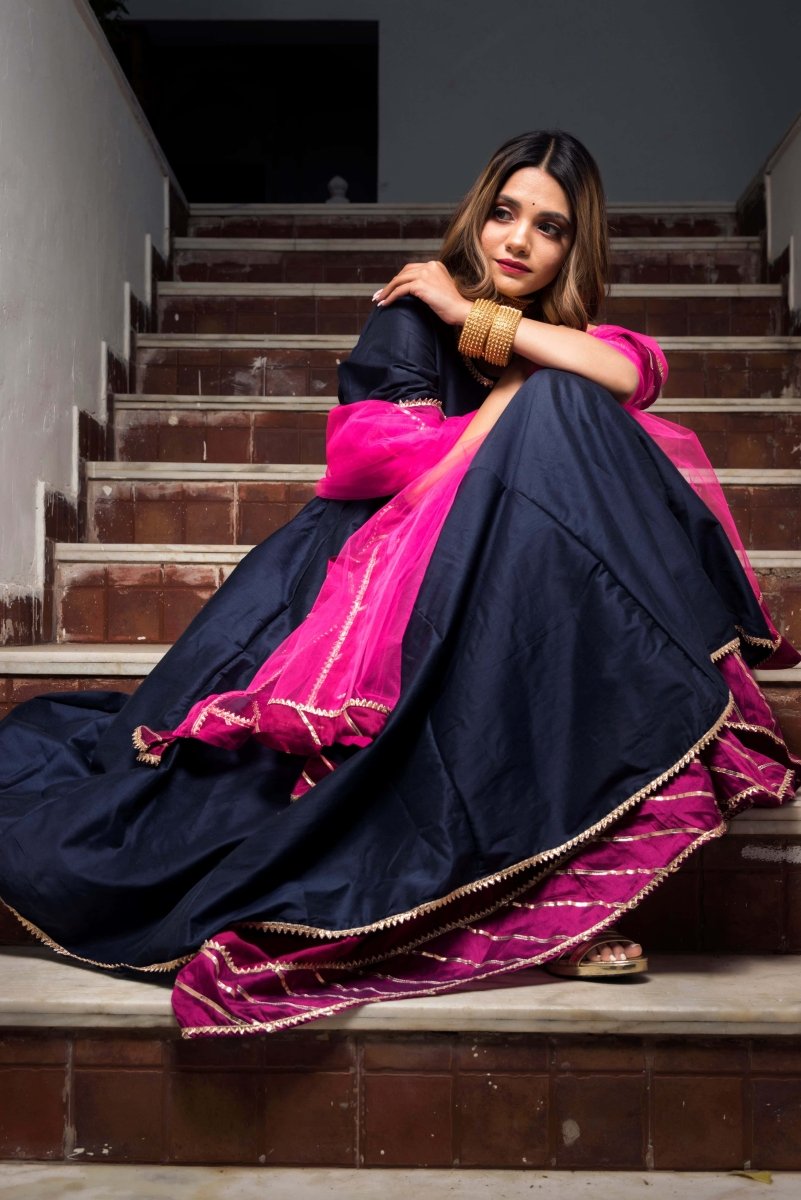 ROYAL BLUE RANI PINK COTTON SILK ANGRAKHA WITH SOFT NET DUPATTA - Pomcha Jaipur