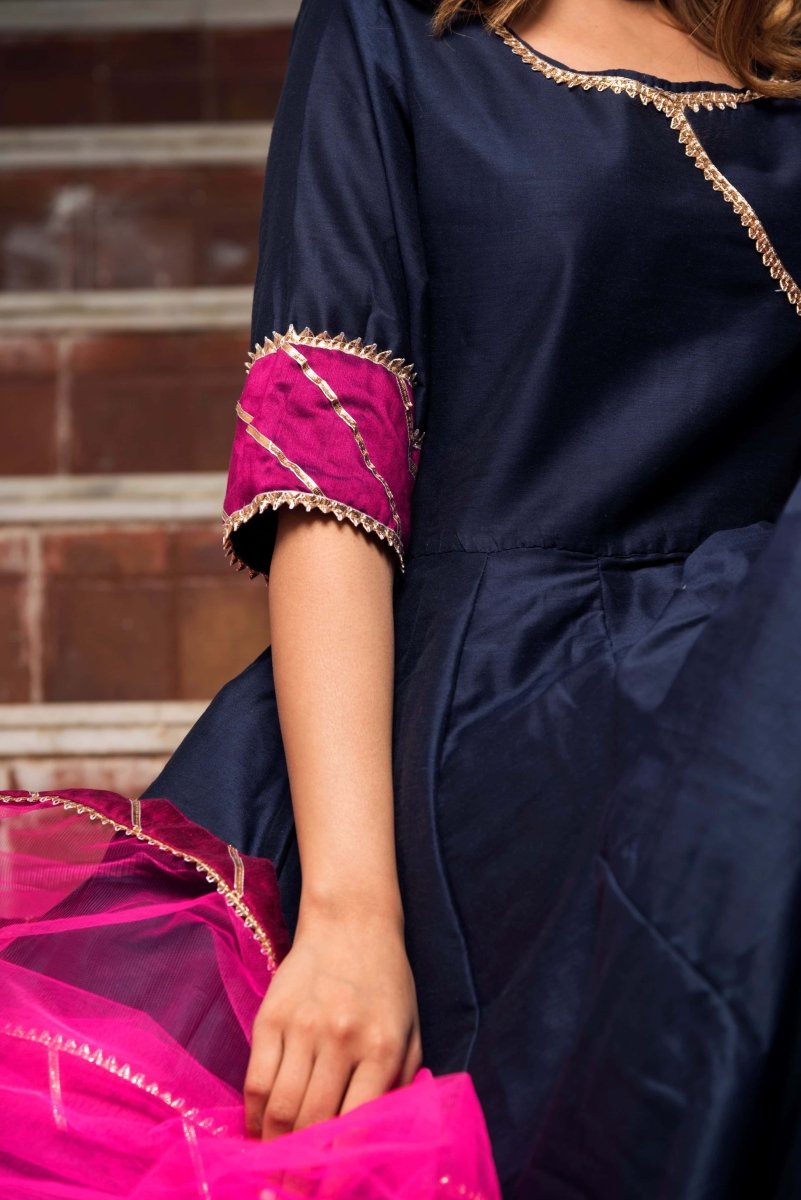 ROYAL BLUE RANI PINK COTTON SILK ANGRAKHA WITH SOFT NET DUPATTA - Pomcha Jaipur