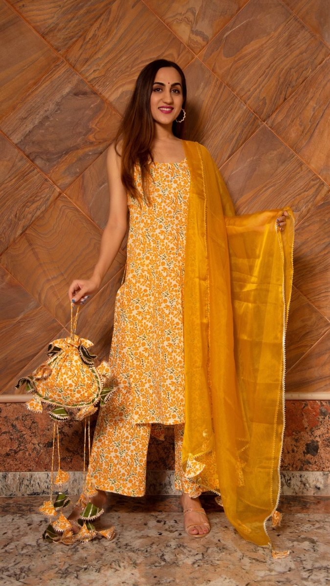RUHANI MUSTARD COTTON SUIT SET - Pomcha Jaipur