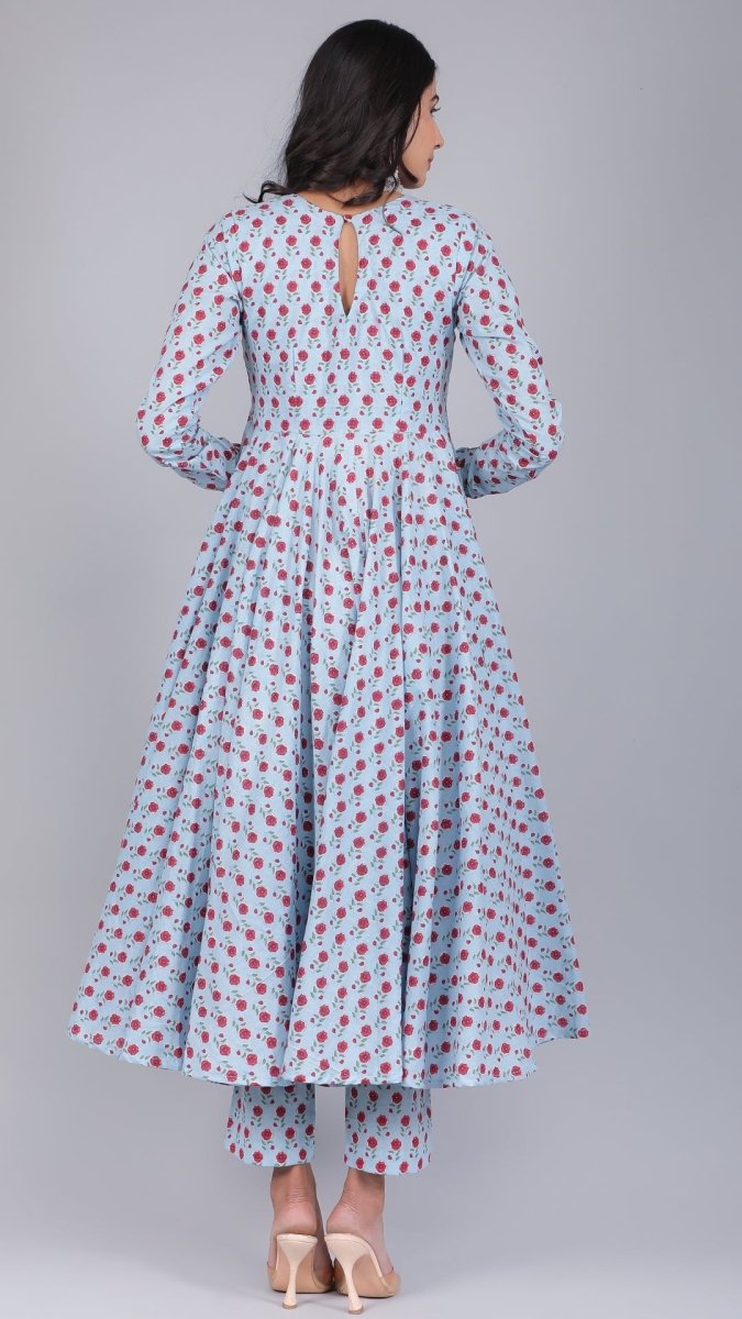 SARA POWDER BLUE COTTON ANARKALI SET - Pomcha Jaipur