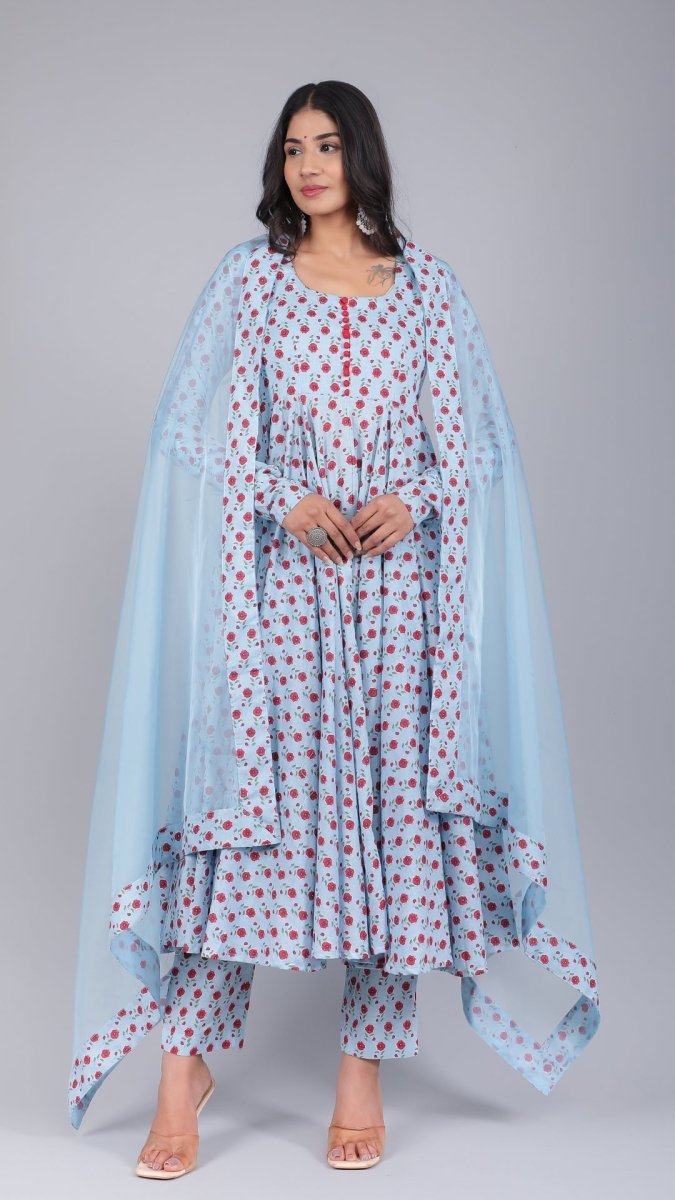 SARA POWDER BLUE COTTON ANARKALI SET - Pomcha Jaipur