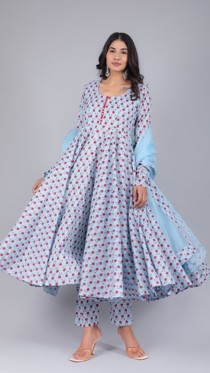 SARA POWDER BLUE COTTON ANARKALI SET - Pomcha Jaipur