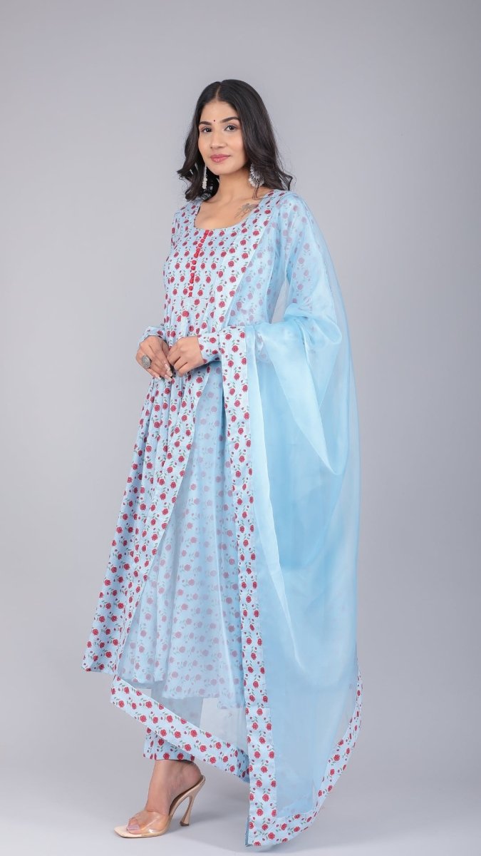 SARA POWDER BLUE COTTON ANARKALI SET - Pomcha Jaipur
