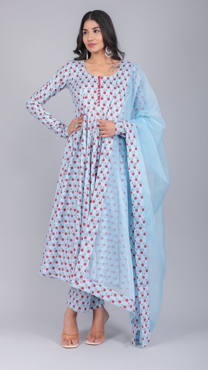 SARA POWDER BLUE COTTON ANARKALI SET - Pomcha Jaipur