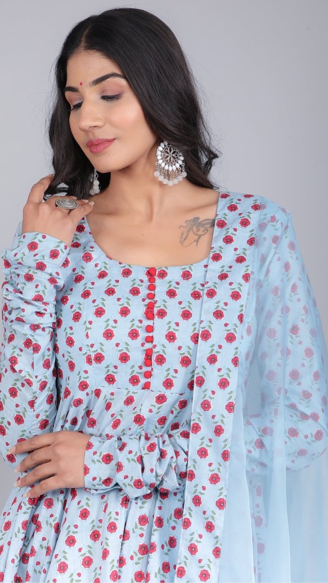 SARA POWDER BLUE COTTON ANARKALI SET - Pomcha Jaipur