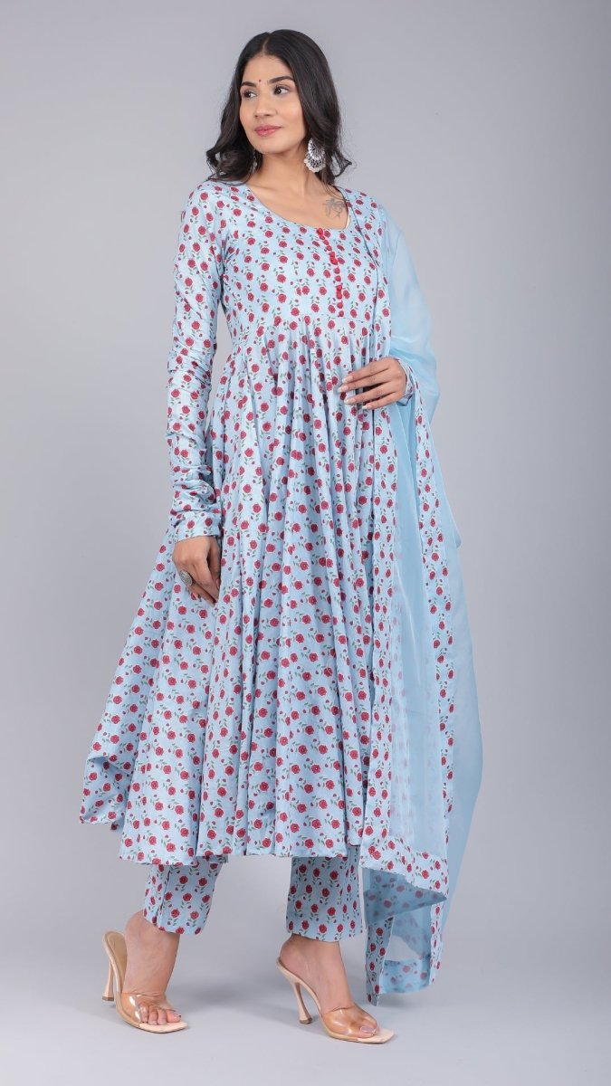 SARA POWDER BLUE COTTON ANARKALI SET - Pomcha Jaipur