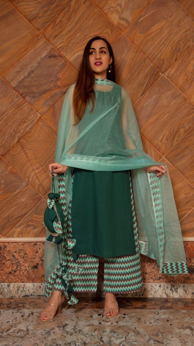 SIYA DARK GREEN COTTON SUIT SET - Pomcha Jaipur