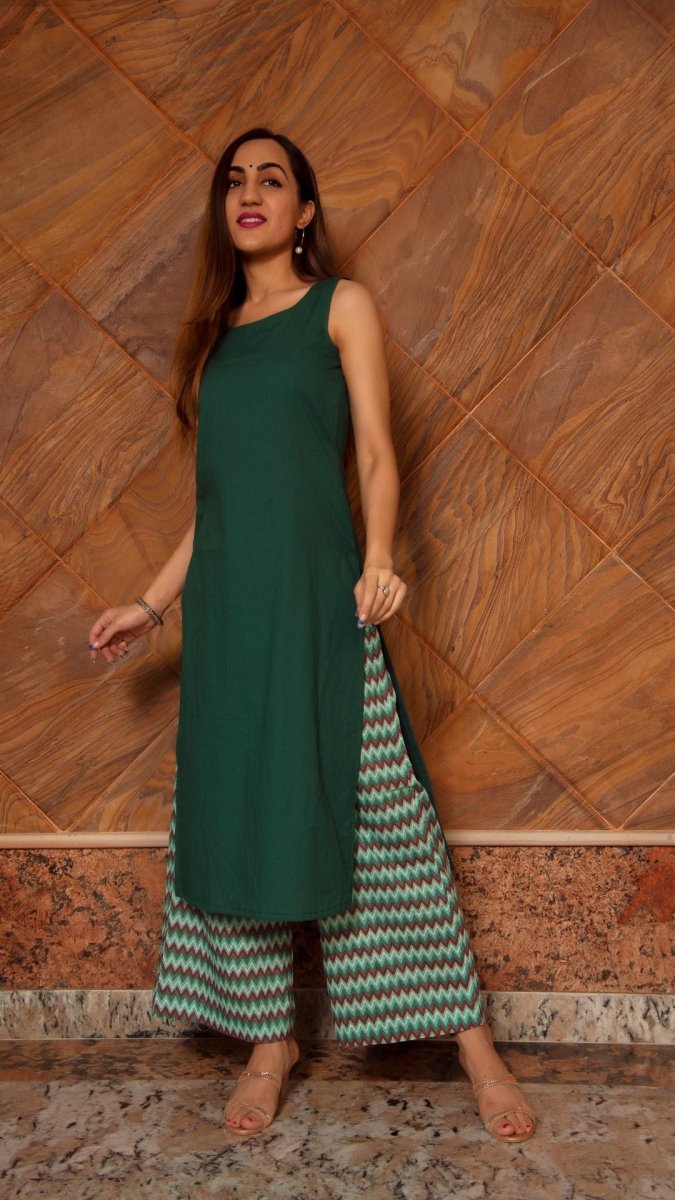 SIYA DARK GREEN COTTON SUIT SET - Pomcha Jaipur