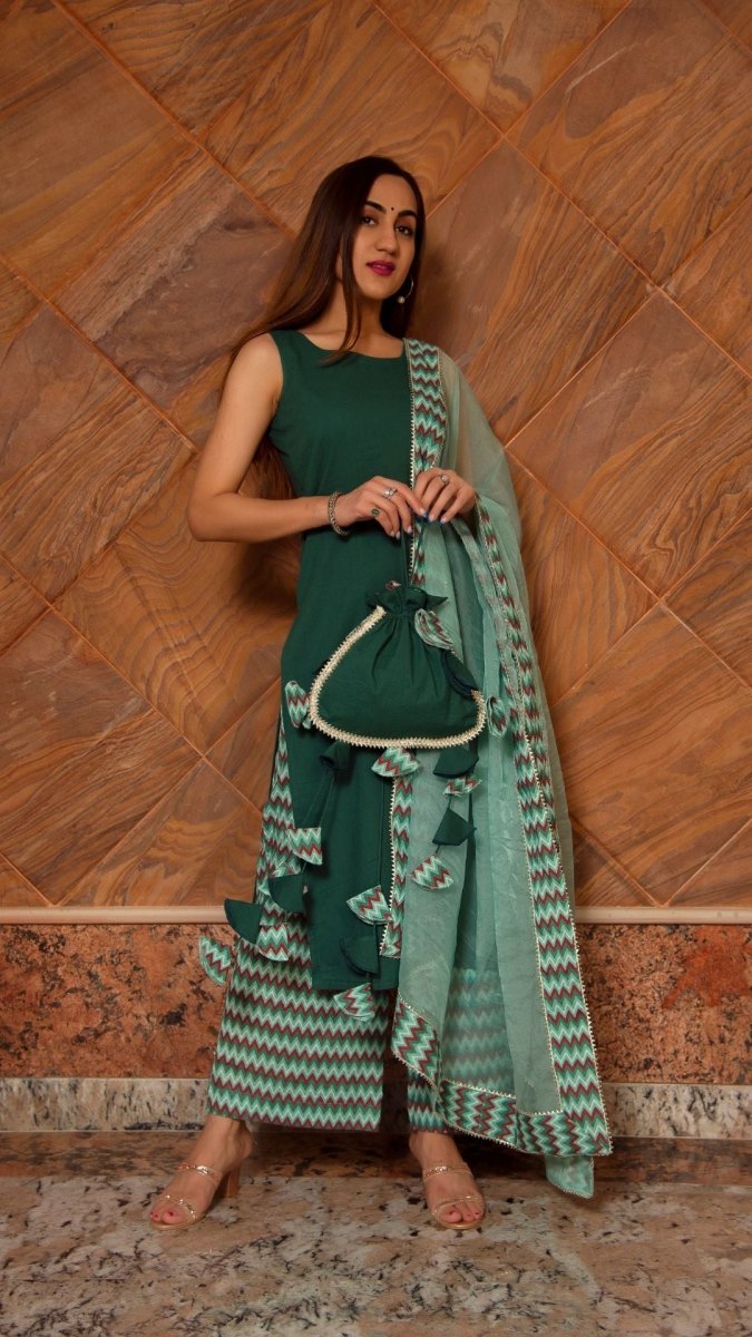 SIYA DARK GREEN COTTON SUIT SET - Pomcha Jaipur
