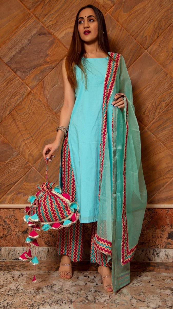 SIYA LIGHT BLUE COTTON SUIT SET - Pomcha Jaipur