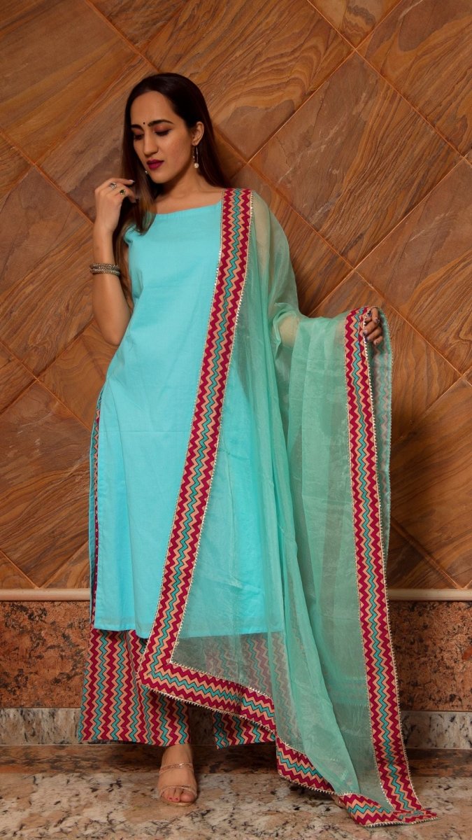 SIYA LIGHT BLUE COTTON SUIT SET - Pomcha Jaipur