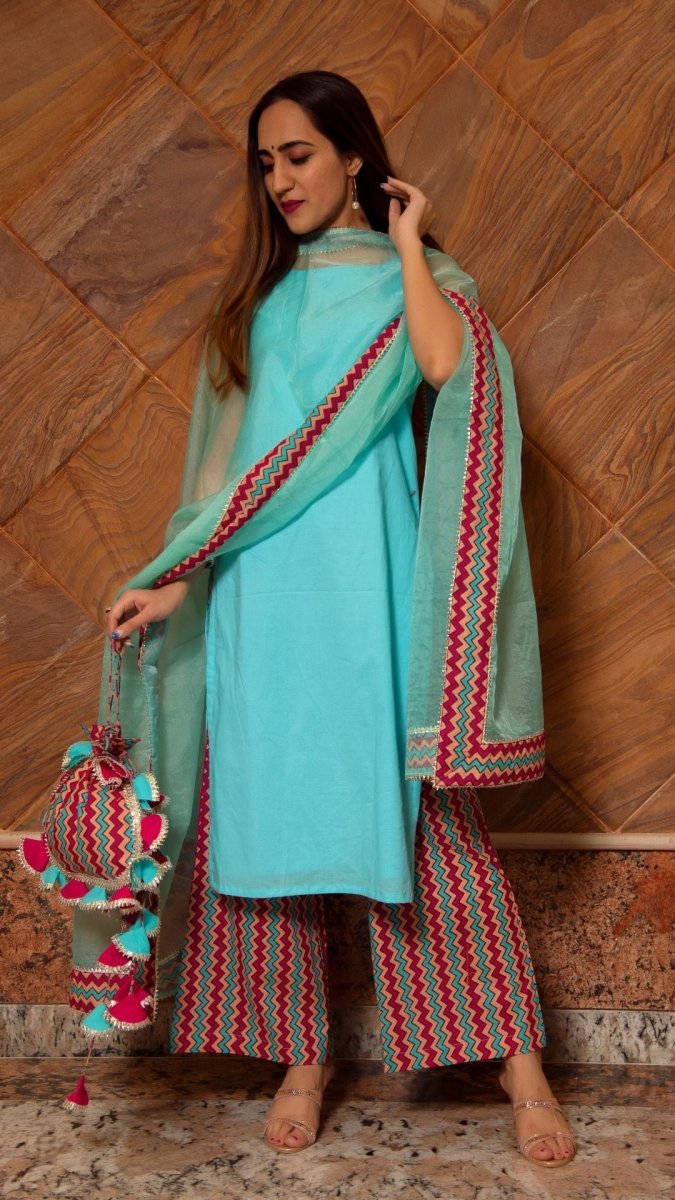 SIYA LIGHT BLUE COTTON SUIT SET - Pomcha Jaipur