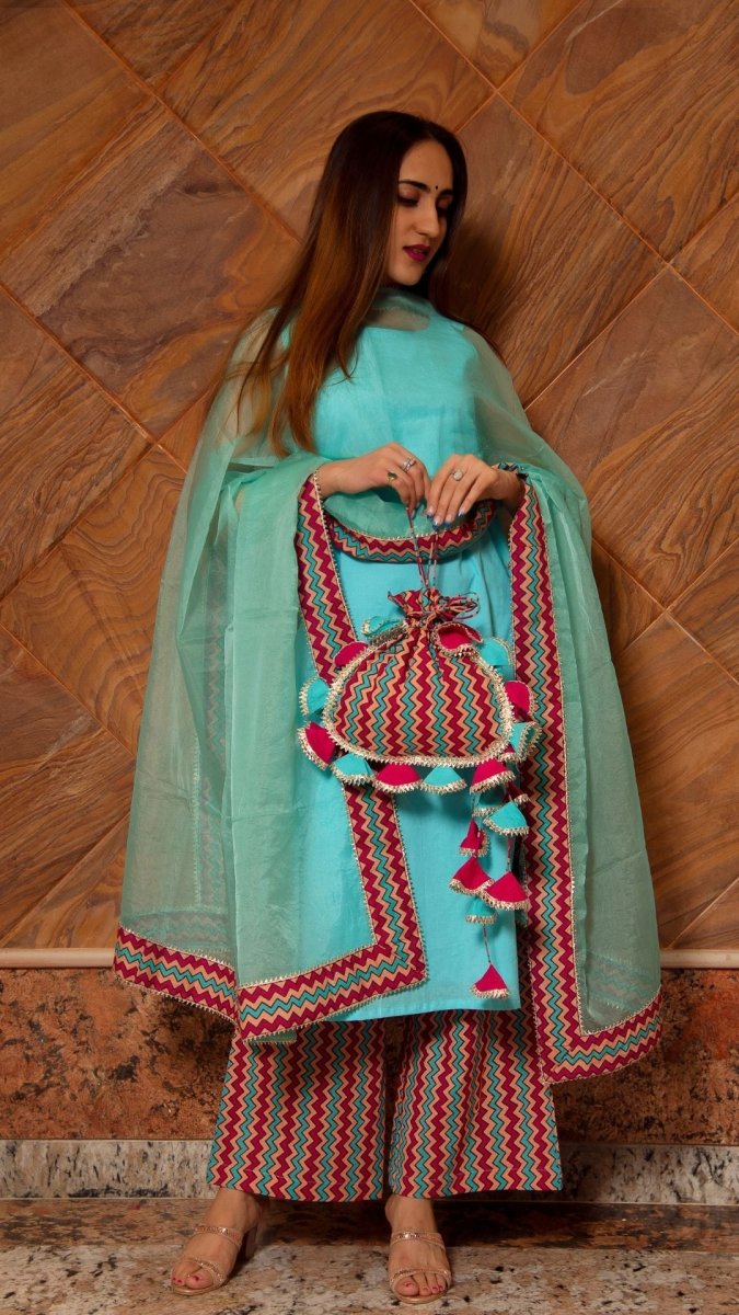 SIYA LIGHT BLUE COTTON SUIT SET - Pomcha Jaipur