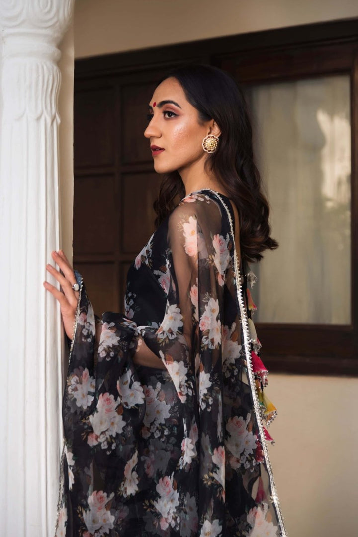 Snowdrop Black Printed Organza Saree - Pomcha Jaipur