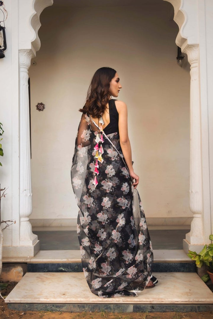 Snowdrop Black Printed Organza Saree - Pomcha Jaipur