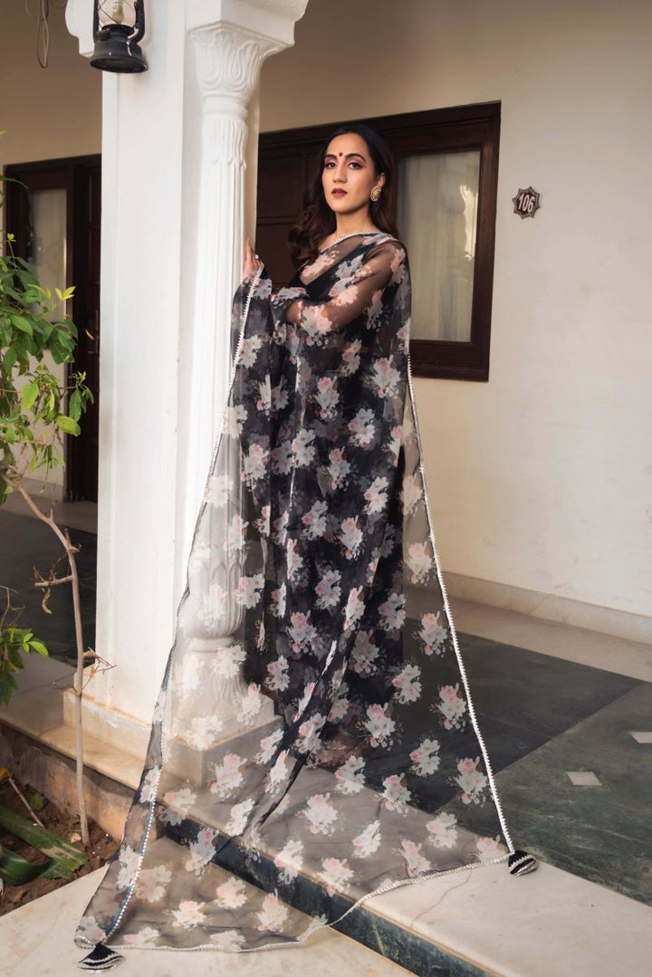 Snowdrop Black Printed Organza Saree - Pomcha Jaipur