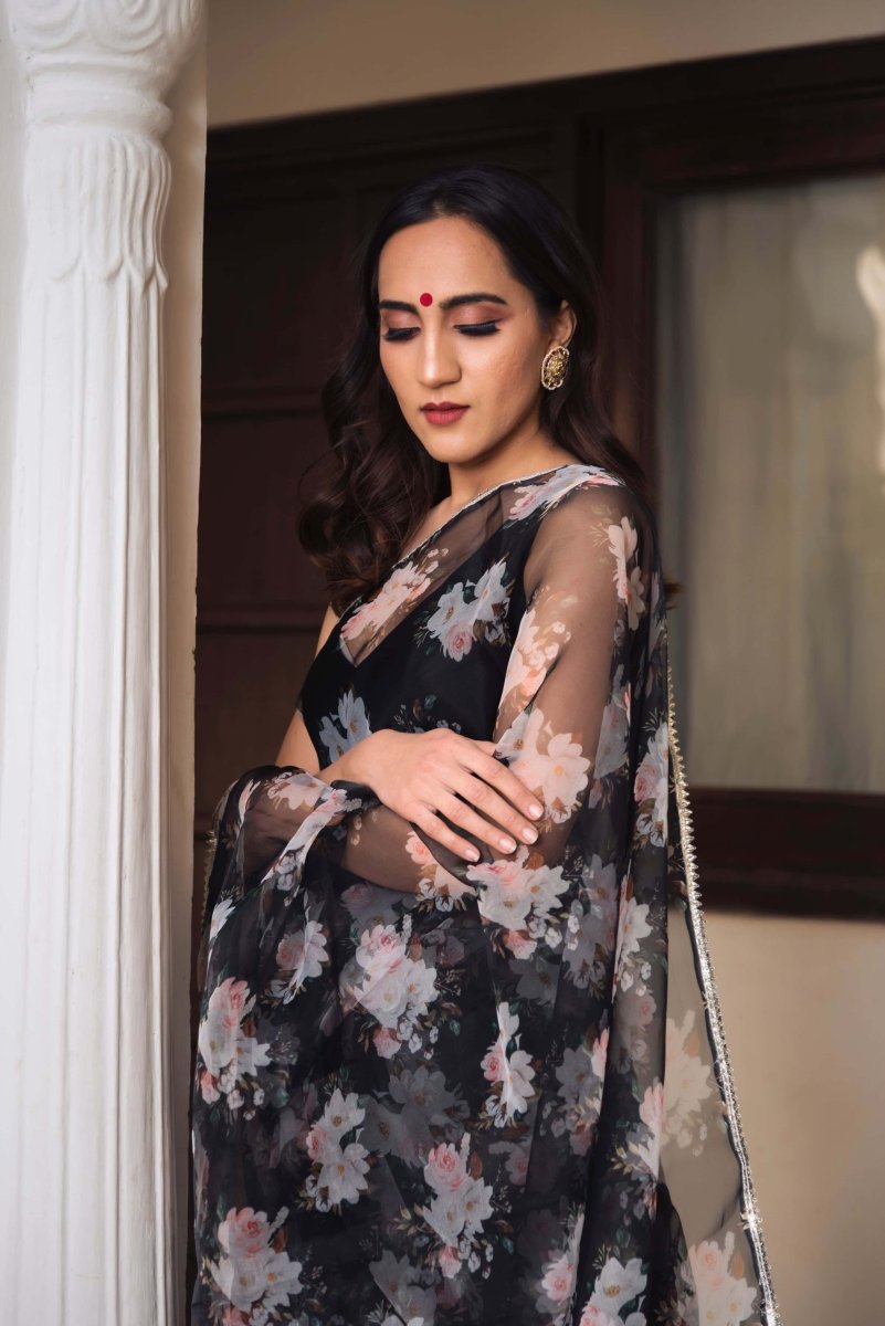 Snowdrop Black Printed Organza Saree - Pomcha Jaipur