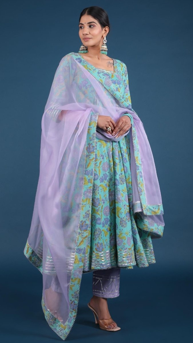 SUFIA COTTON HAND BLOCK PRINT ANARKALI SET WITH ORGANZA DUPATTA - Pomcha Jaipur