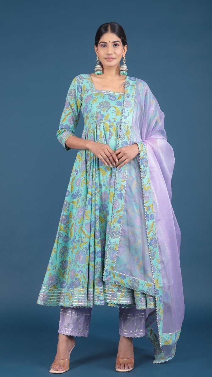 SUFIA COTTON HAND BLOCK PRINT ANARKALI SET WITH ORGANZA DUPATTA - Pomcha Jaipur