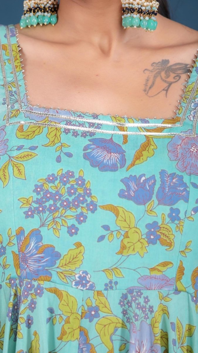 SUFIA COTTON HAND BLOCK PRINT ANARKALI SET WITH ORGANZA DUPATTA - Pomcha Jaipur