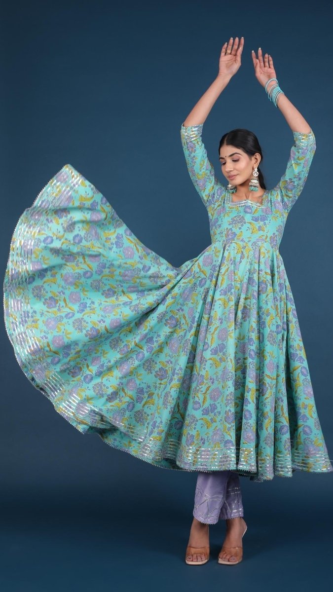 SUFIA COTTON HAND BLOCK PRINT ANARKALI SET WITH ORGANZA DUPATTA - Pomcha Jaipur