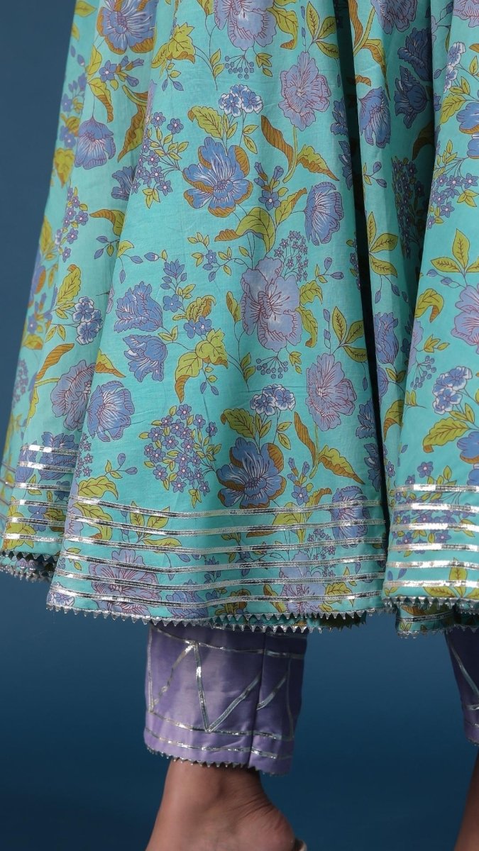 SUFIA COTTON HAND BLOCK PRINT ANARKALI SET WITH ORGANZA DUPATTA - Pomcha Jaipur