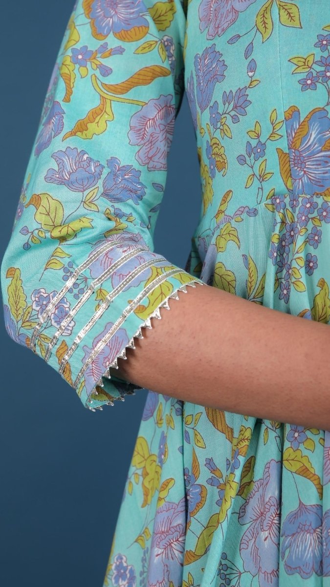 SUFIA COTTON HAND BLOCK PRINT ANARKALI SET WITH ORGANZA DUPATTA - Pomcha Jaipur