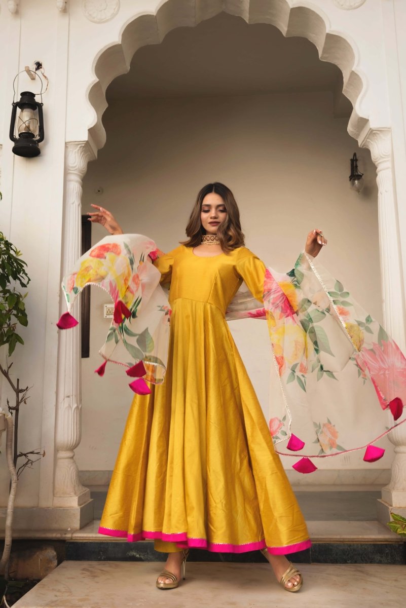 SUNFLOWER COTTON SILK YELLOW ANARKALI WITH ORGANZA DUPATTA - Pomcha Jaipur